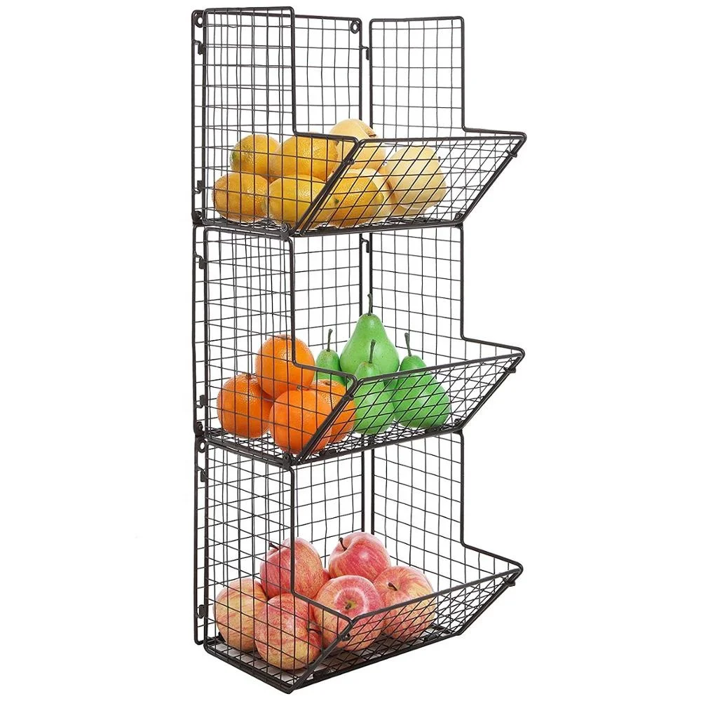 Kitchen Cheap Modern Black 3 Tier Wall Mounted Metal Fruit Basket