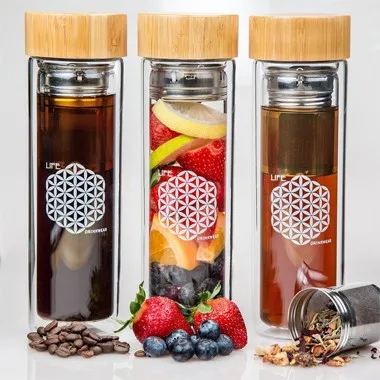 

BPA free, sanitary, logo customizable Bamboo lid Double wall glass water bottle with fruit infuser