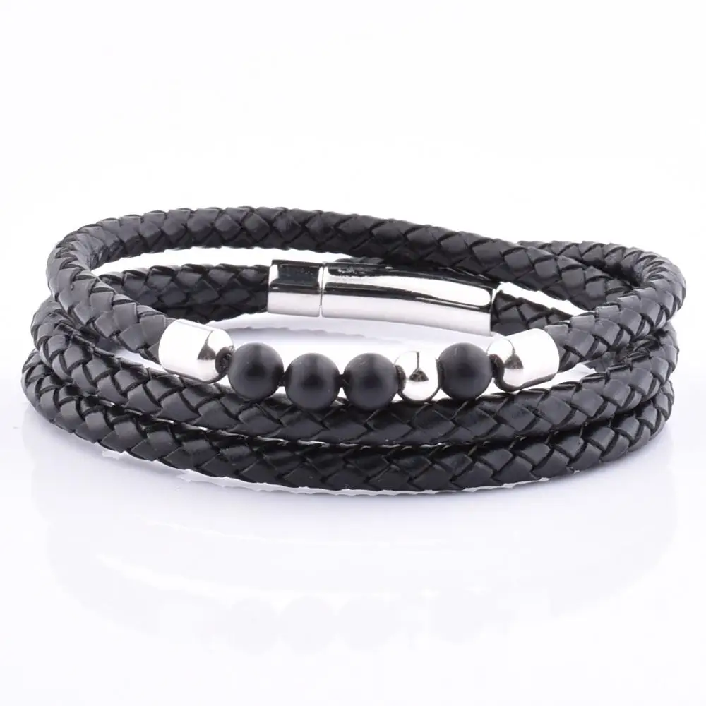 

Handmade Cuffs Leather Bead Wrap Bracelets With Small Onxy Stones Jewelry