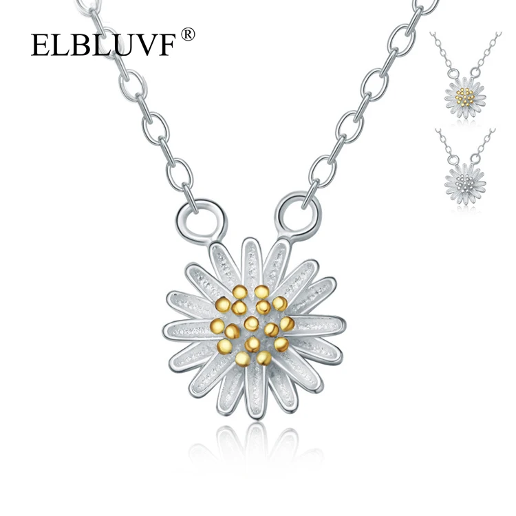 

ELBLUVF 925 Silver 24K Gold Fancy Daisy Pendant Flower Necklace jewelry Girl / Lady / Women's Jewelry, Color separation