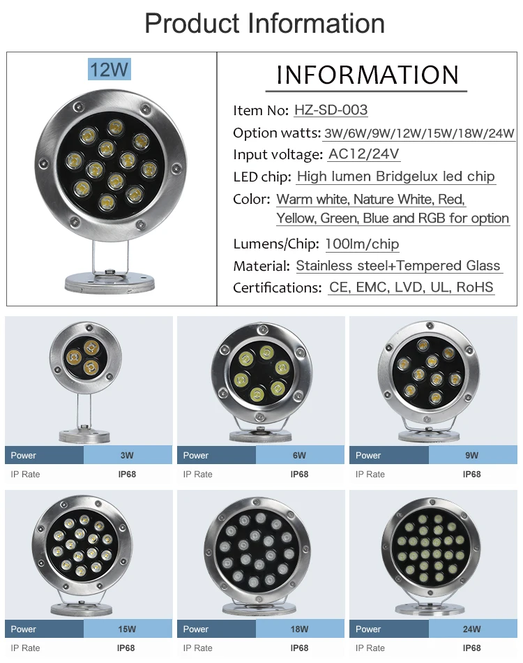 Swimming lighting 24v Bridgelux RGB stainless steel ip68 3watt waterproof led pool light