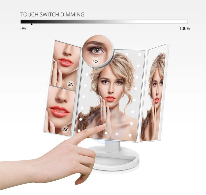 22 LED Light Touch Screen Light Control 3 Folding Magnifying Mirrors Desktop Rechargeable Make-up Make up Mirror Lamp for Makeup