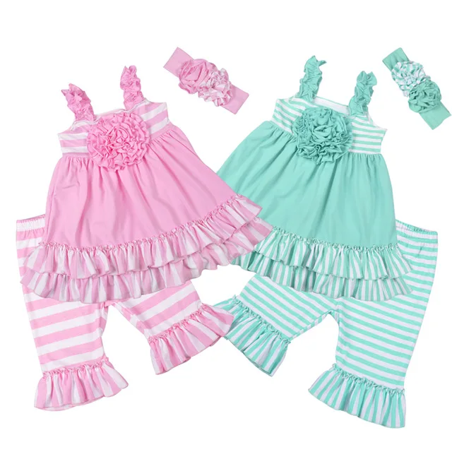 

Factory Selling Boutique Outfit Girls Summer Remake Clothing Sets Sleeveless Top Design Stripes Capris Children's Ruffle Sets, As the pic show