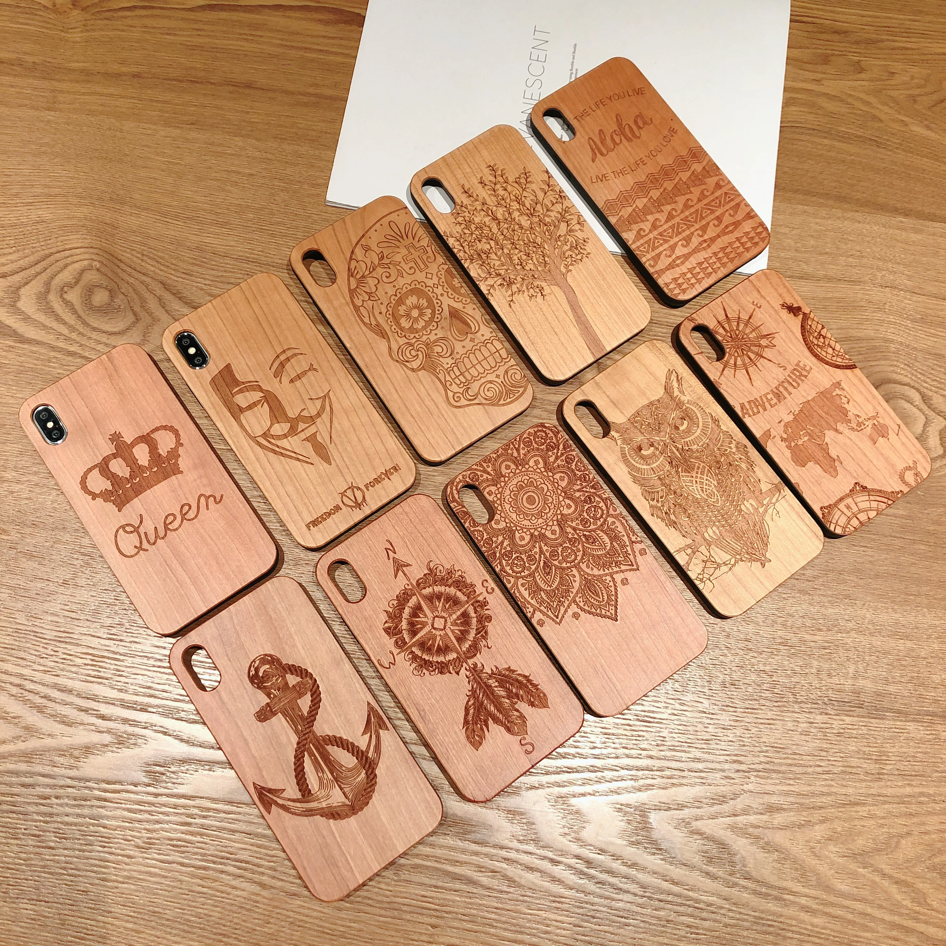 

Wood Cell Phone Case for iPhone/Samsung Laser Engraving Wooden Unique Shock Bamboo Phone Cover Shell for Huawei/Sony, See pictures