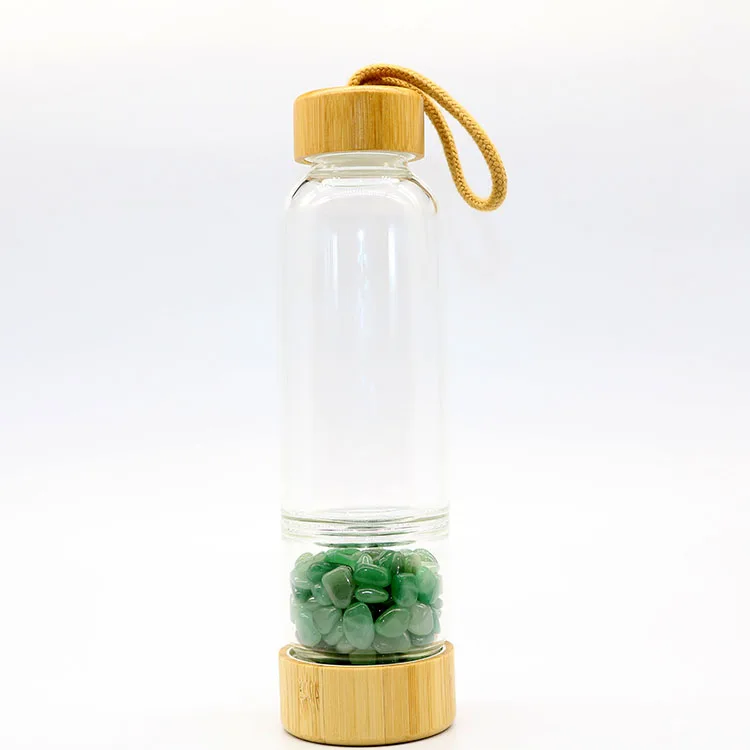 

BPA Free Glass Drinking Bottle With Rope Healing Crystal Gemstone Water Bottle With Bamboo Lid