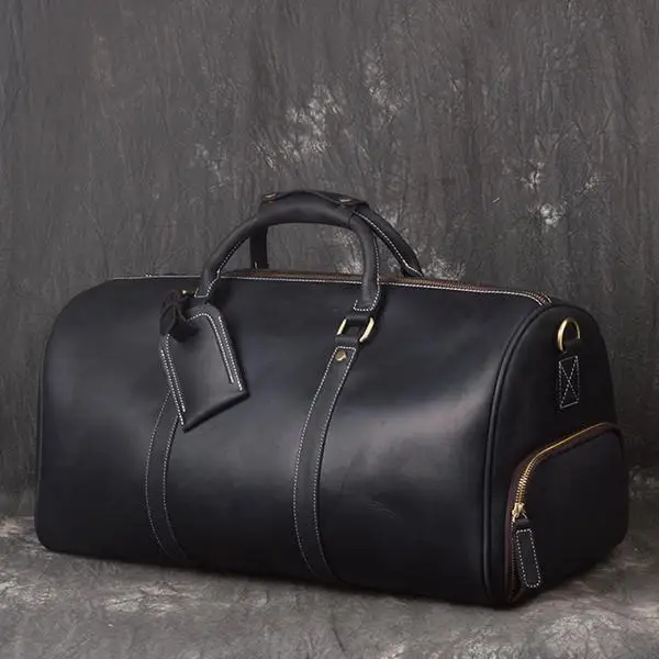 Distressed Black Crazy Horse Leather Travel Duffle Bag Outdoor Bag For ...