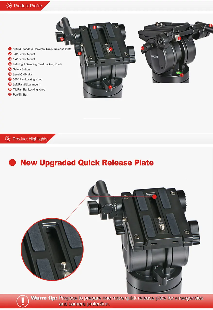 Humanized Designed Fluid Tripod Head With Security Locking Knob Video