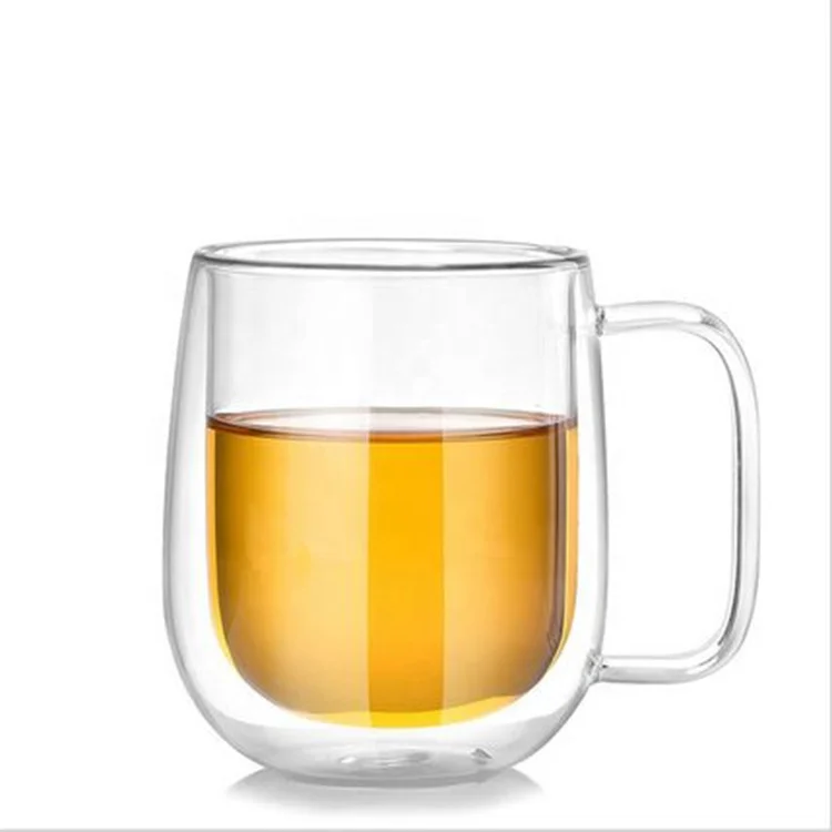 

Factory supply double layer big glass cup with handle, Clear