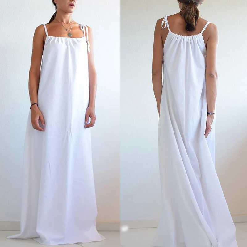 

Summer White Summer Loose Sleeveless Casual Maxi Linen Dress Woman, Can be customized