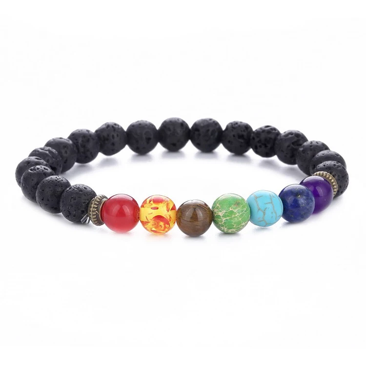 

Fashion Hand Jewelry Colorful Chakra Yoga Elastic Bracelet Natural Volcanic Stone Beaded Bracelet, As picture