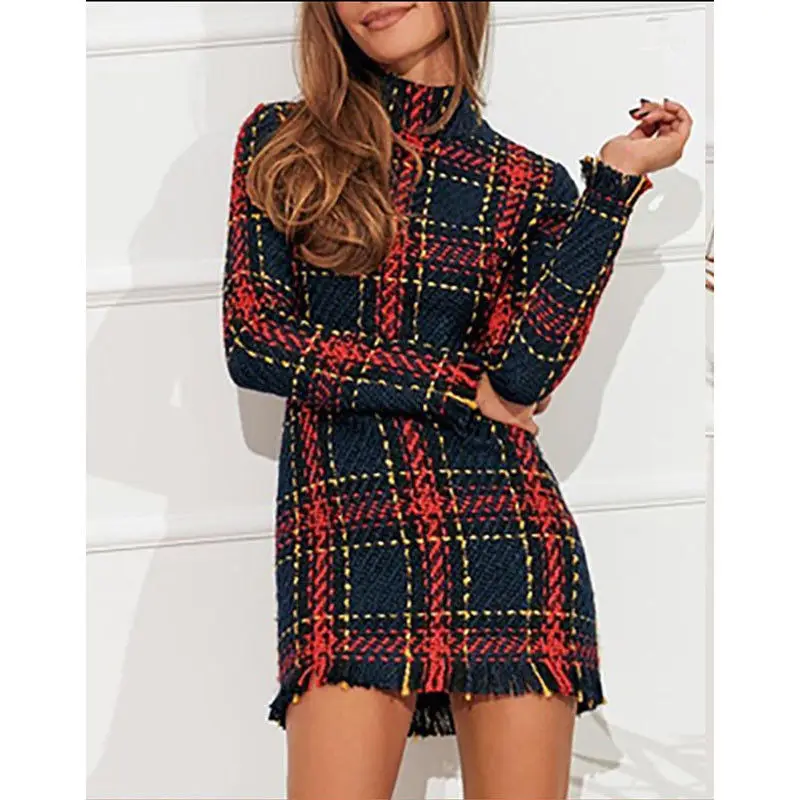 

Elegant Plaid Tweed Women Dress Winter Office Lady Long Sleeve Christmas dress