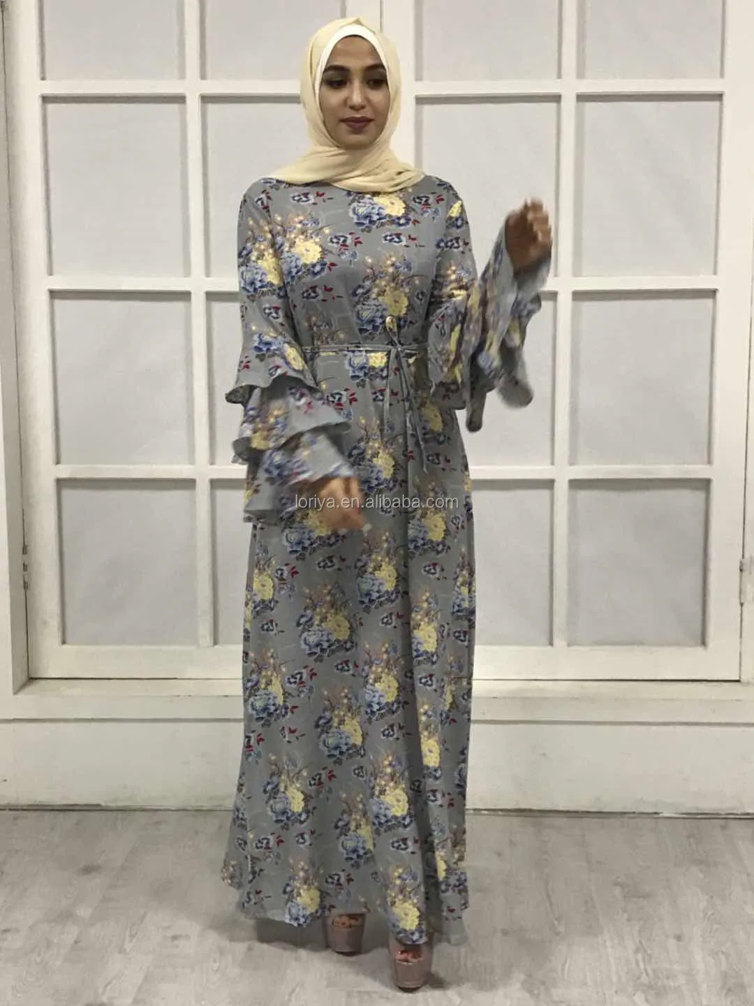 2018 Trendy Modest Islamic Abaya Maxi Flower Dress Big Sleeves Muslim ...