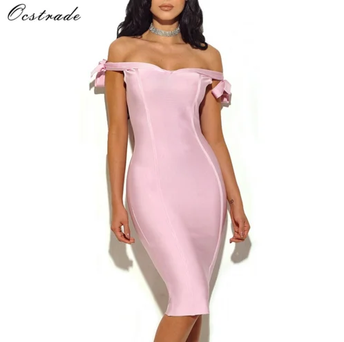 

Ocstrade Wholesale Women Pink Off the Shoulder Evening Dress Bodycon Bandage Dress Elegant