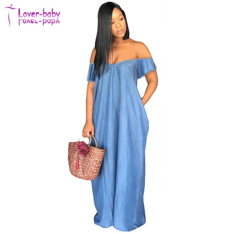 

Oversized Off Shoulder Loose Denim Maxi Dress, Blue