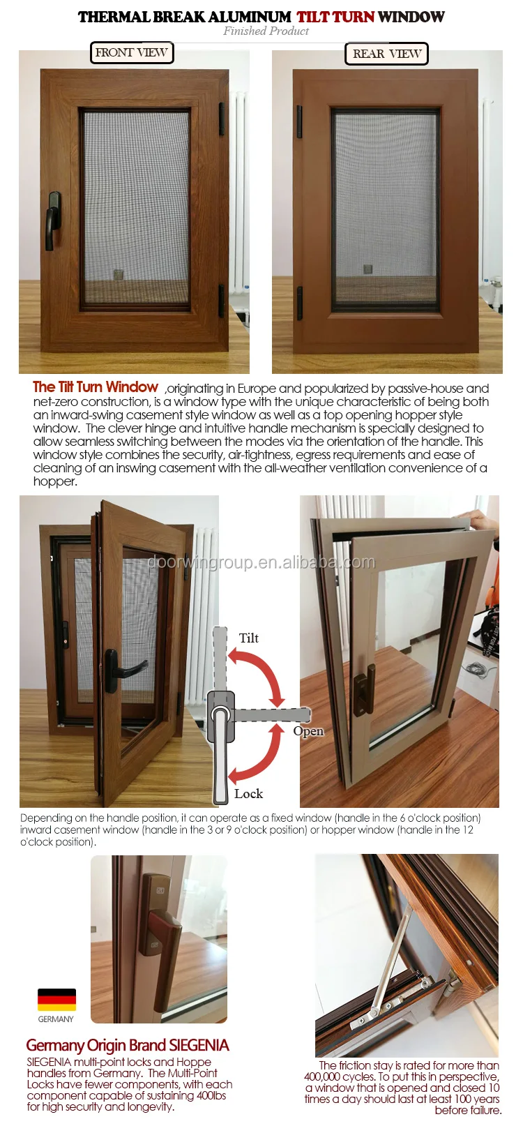 Doorwin European style 3 D wooden transfer thermal break aluminium tilt turn windows