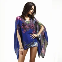 

Wholesale Women's Blouse & Tops Chiffon Tops Boho Style Navy Flower Print Poncho Batwing Sleeve Round Neck Loose Chiffon Tops