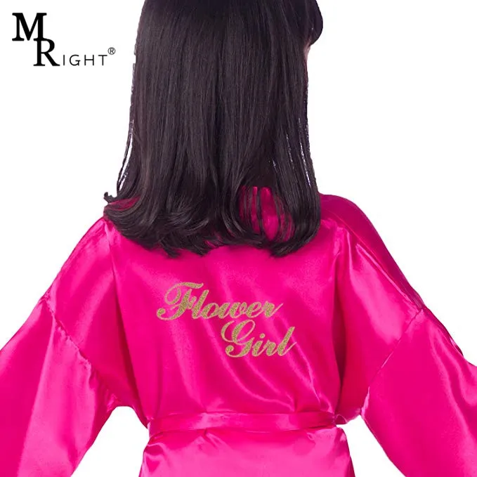 Children's Solid Color Nightgown Satin Bathrobe Silk Wedding Flower Girls Kimono Robes with Gold Glitter