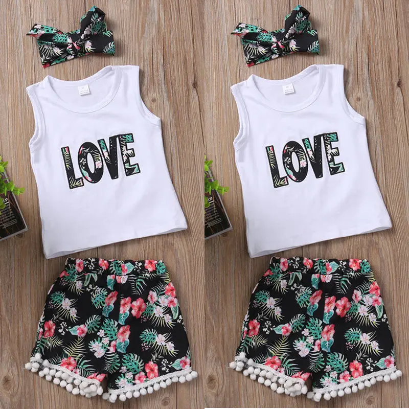 GC151A 1-6 years baby girls kid sleeveless cotton t-shirt printing short pants with headband clothing set