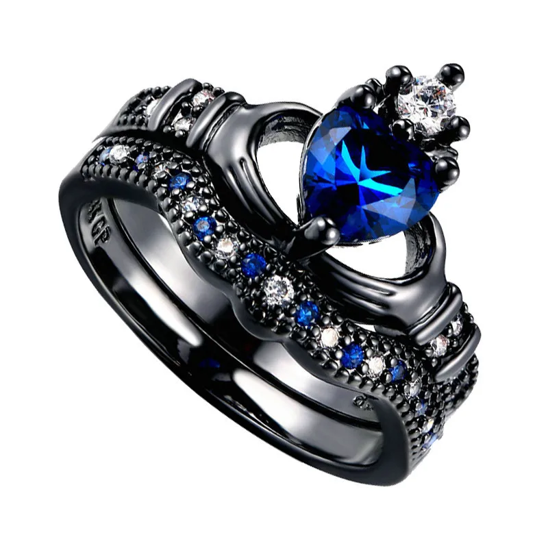 

Hotsale Fashion Vintage 2pcs/set Black Sapphire Ring Crystal Rhinestone Engagement Ring Set For Party
