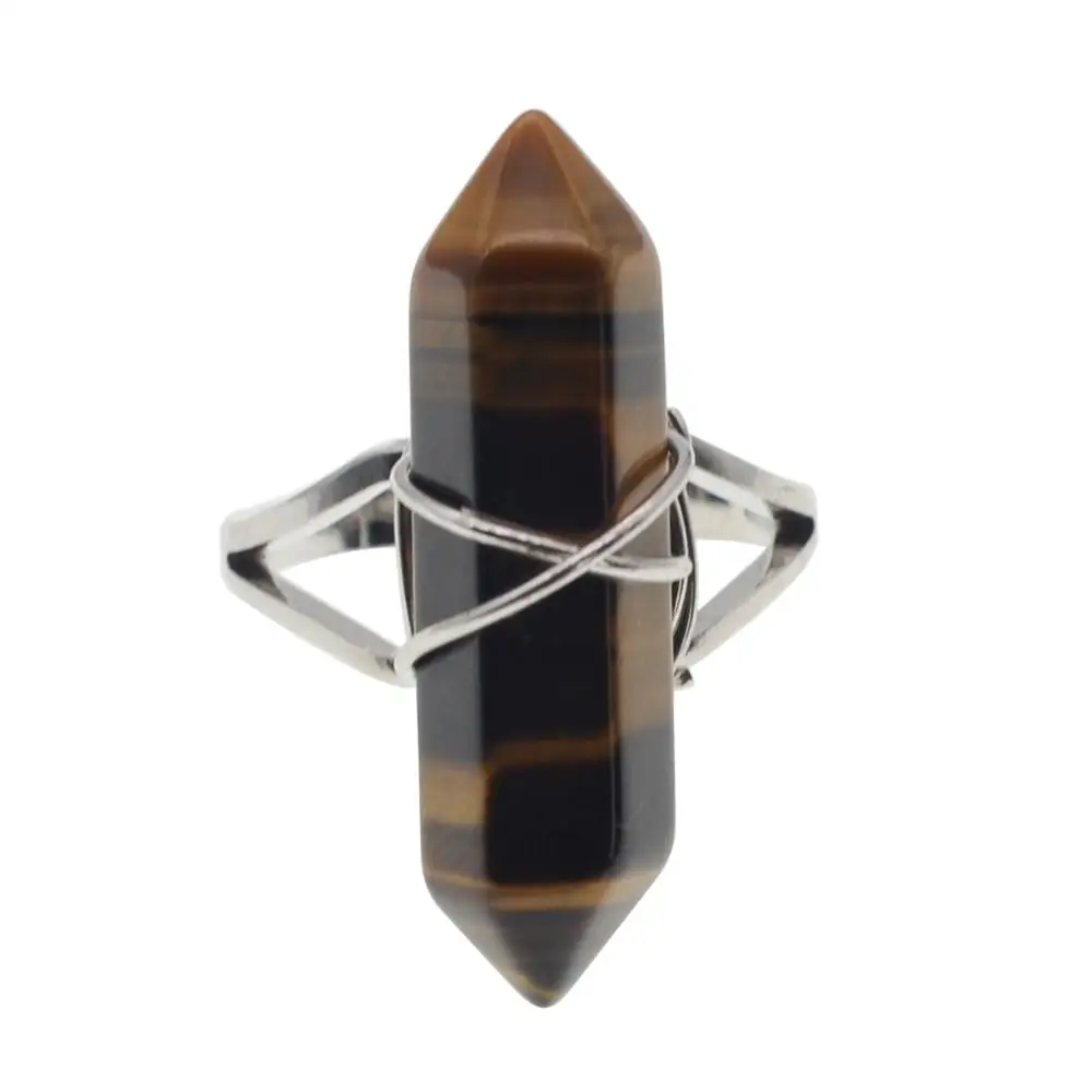 

New Fashion Natural Semi Precious Stone Tiger Eye Hexagonal Prism Beads Wrapped Silver Wire Chakra Charms Crystal Rings