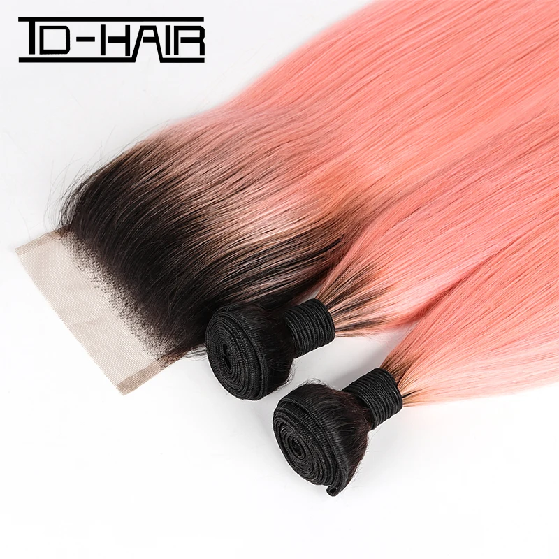 

TD HAIR Ombre Brazilian #1B/ pink Two Tone Human Hair Bundles With Lace Closures Hair pink orange blue