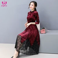 

2018 spring new lace pleated retro velvet dress long-sleeved Slim thin a word dress elegant evening for party