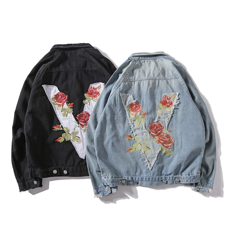 

High Quality Men Fashion V Rose Embroidery Patch Acid Washed Shredded Ripped Frayed Oversized Denim Jacket