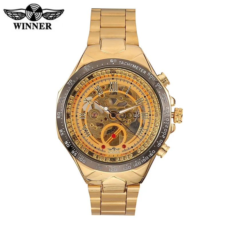 

Winner Watch brand luxury stainless steel strap automatic self wind analog watch skeleton fashion sports gold mechanical watch