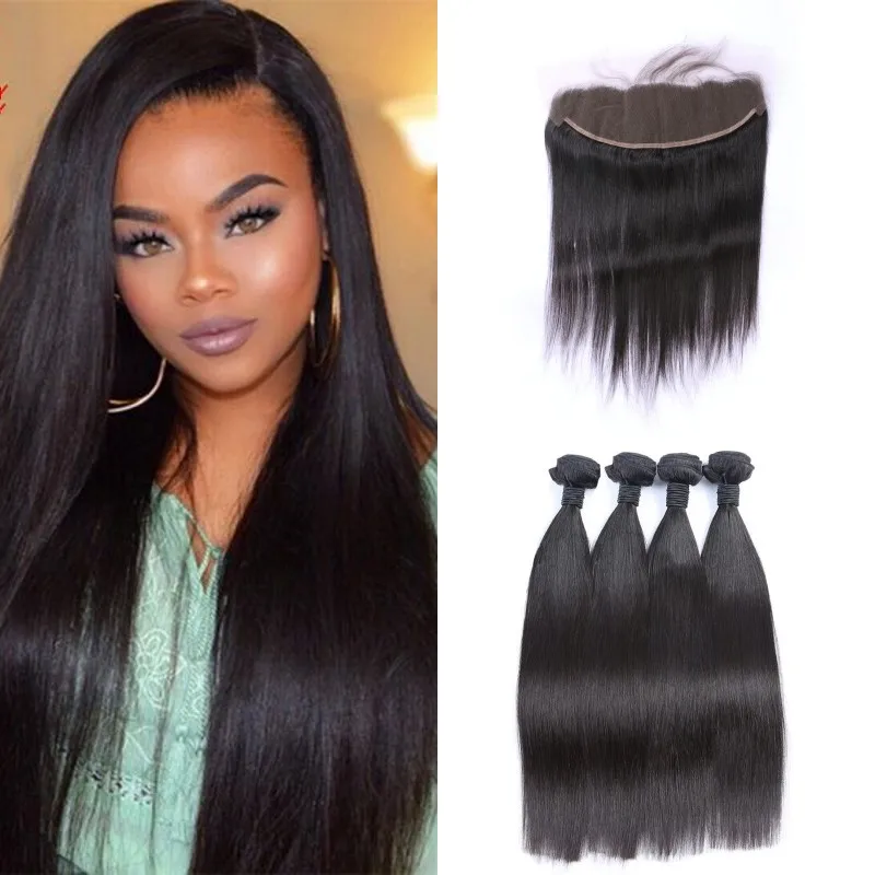 

13x4 Bleached Knots Virgin Straight Ear To Ear Lace Frontal Closure With Bundles Indian Human Hair Extensions, Natural #1b 2 4 6 613 blonde ombre jet black remy with baby hair bangs