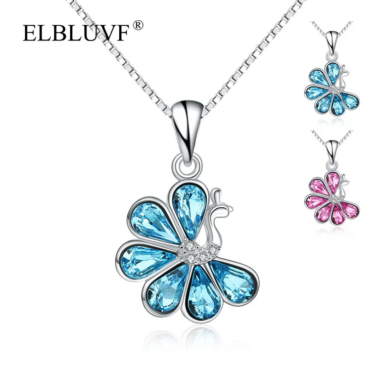 

ELBLUVF 925 Sterling Silver Womens Zircon Animal Peacock Feather Design Pendant Connector Necklace For Gift, Blue / pink