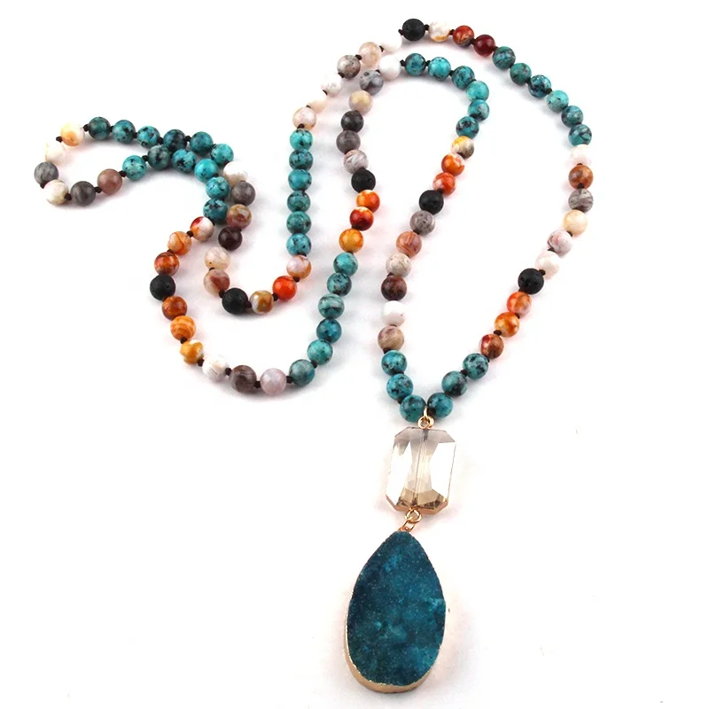 

Women Costume Yoga Necklace 108 Beads Mala Multi Stone Knotted Crystal Link Natural Druzy Drop Pendant Necklace