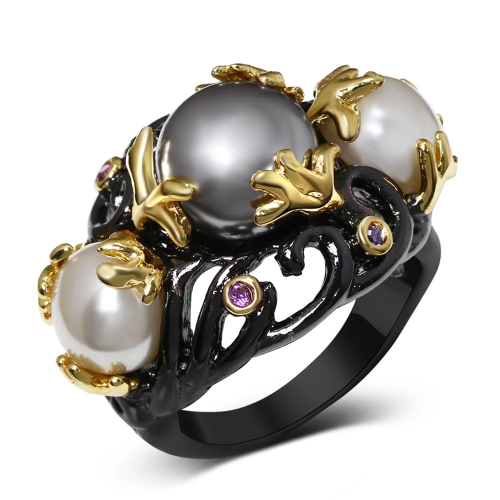 

Wholesales Antique Created Gray Big Pearls Cool Jewelry Vintage Noble Dark Gothic Retro Rings