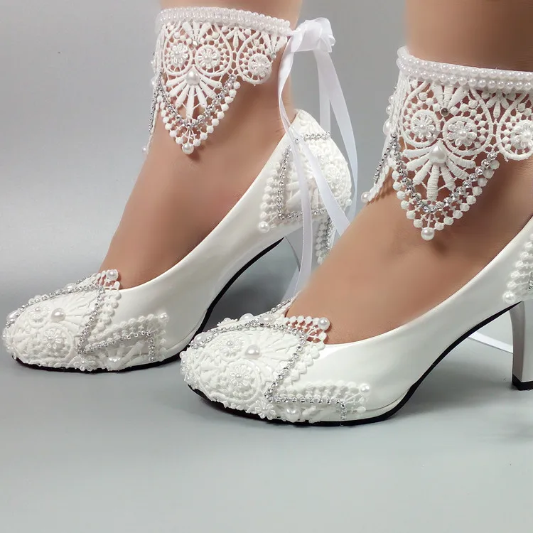 

High heel lace Pearls bridesmaid actual white cheap bridal wedding shoes MSA57