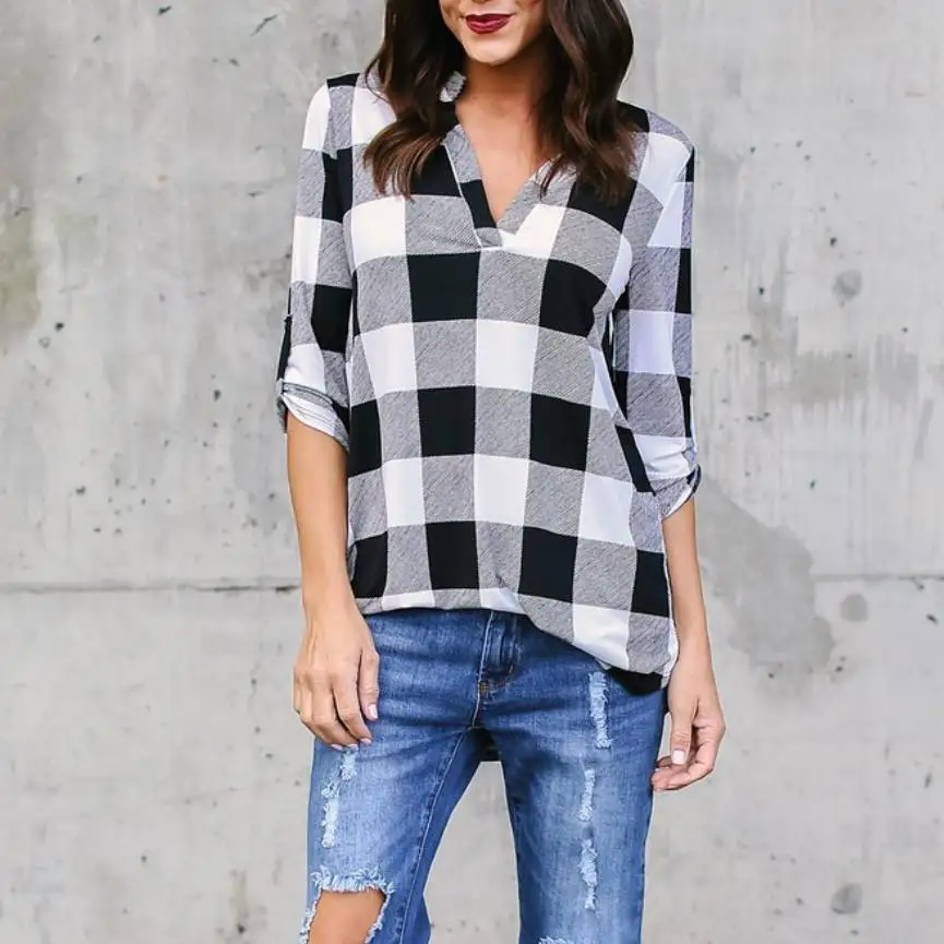 

Wholesale Plaid Printed V-neck Long-sleeved Ladies Shirt Office Tunic Shirts Tops For Women, Shown