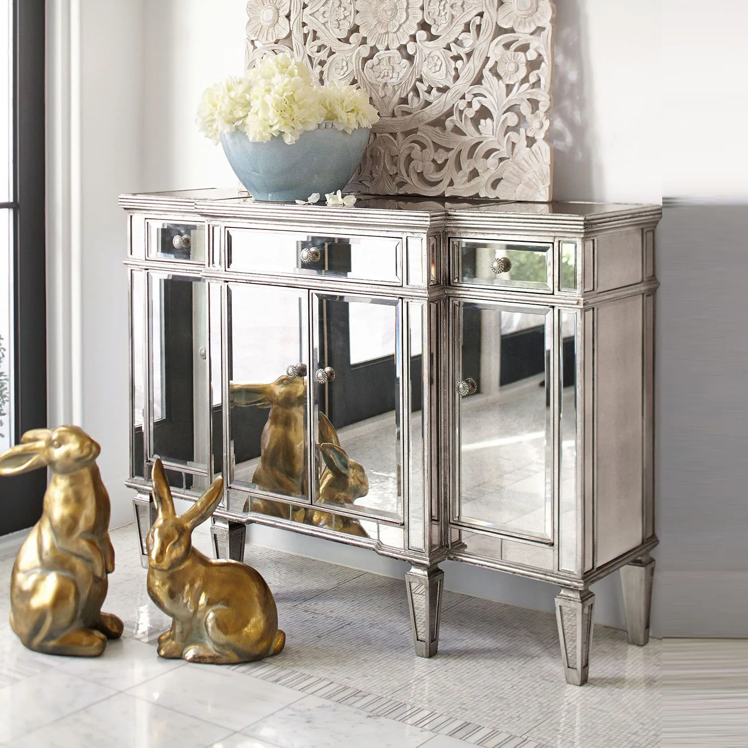 Mirrored Living Room Furniture Hayworth Mirrored Silver Console