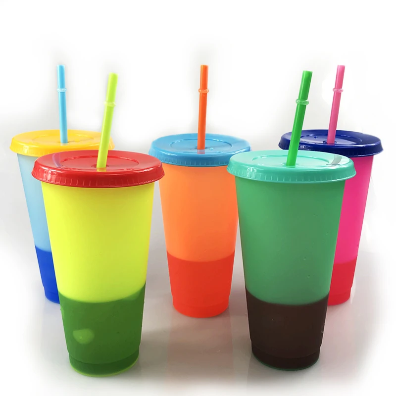 

Cool style plastic color change cups temperature control tumblers with colorful lids and straws, Five colors