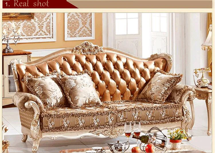 high quality European antique living room sofa furniture genuine leather set p10084