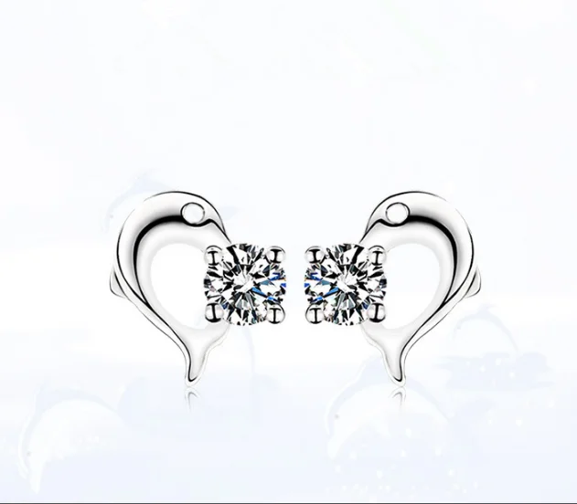 

Hot Fashion Korean cute dolphin jewelry Pendientes Real Pure 925 Sterling Silver Stud Earrings for Women, White gold