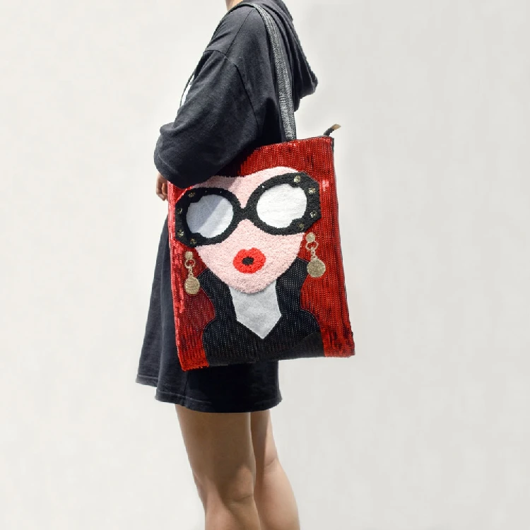 

Stylish lady smile face micky red high heel design sparkling glitter sequins handbags