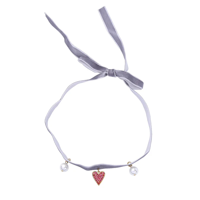 

mx0013 Elegant Red Crystal Heart Pearl Grey Velvet Collar Necklace For Women 2021