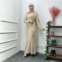 

2019 New Lace Cardigan Leaves Embroidered Robe Sexy Islamic Clothing Muslim Dress Women Islamic Clothing