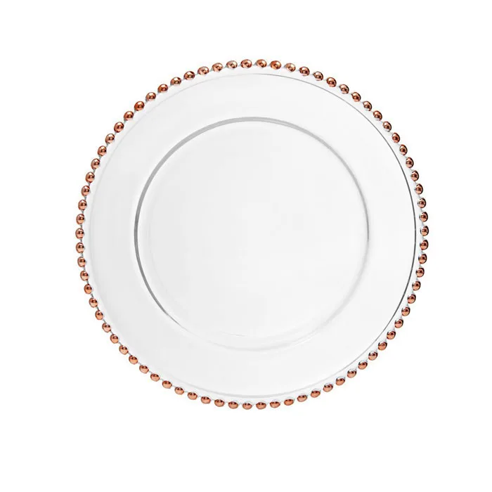 China manufacturers rose gold beaded wedding glass charger plate