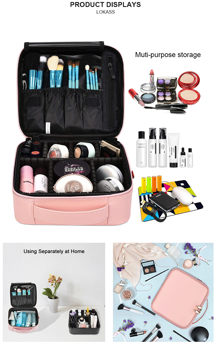 Lokass Pink Professional Cosmetic Case Organizer Artist Beauty Makeup Bag Case Rose Gold
