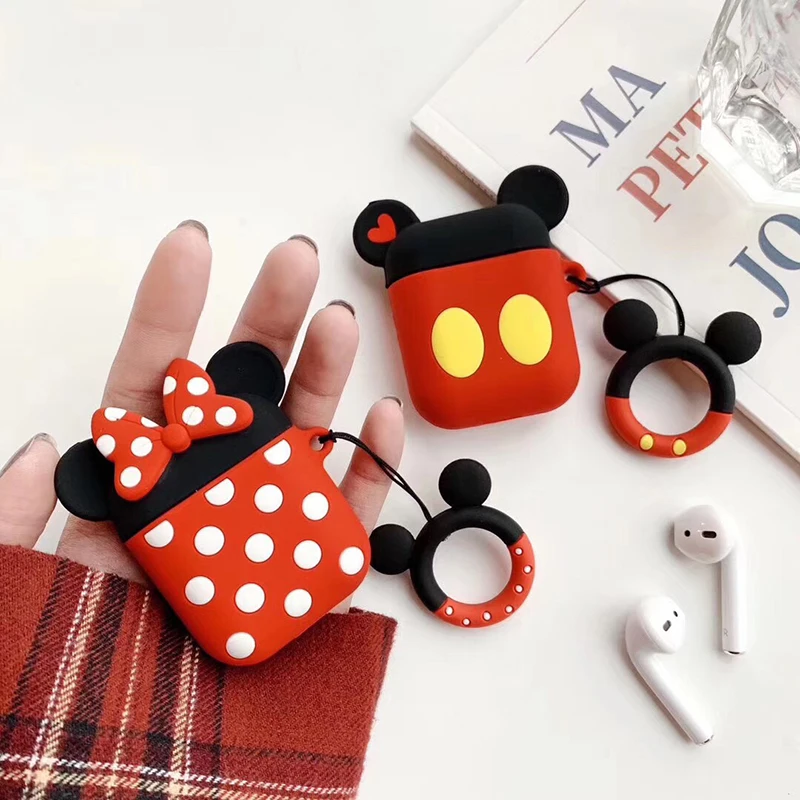 

3D OEM Red Color Skin White Dot Bowknot Cartoon Cute Soft Silicone Air Pod Case for Airpods2 With Matching Mouse Ear KeyRing, 2sytles