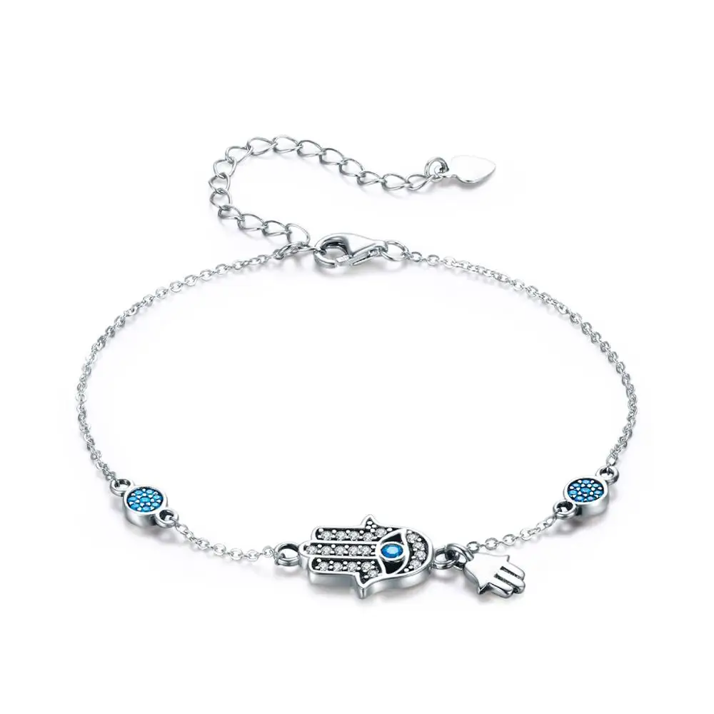 

BAGREER SCB079 Trendy AAA zircon sterling sliver charms hamsa hand blue bracelets women jewelry, Silver