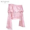 Pink Lace Long Sleeve Crop Top Embroidered Off Shoulder In Lace With Ruffle Tops