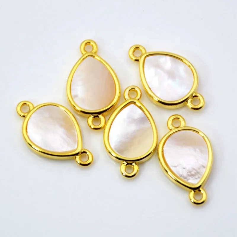 

Natural white shell connector teardrop pear shape Gemstone charms sea shell gold setting jewelry for bracelet making