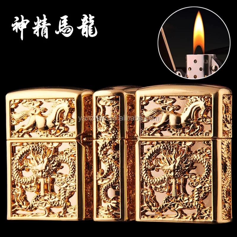 

Long ma The leader surrounded by hollow dragon horse spirit creative modeling metal relief kerosene lighters men gifts custom, Sliver/gold