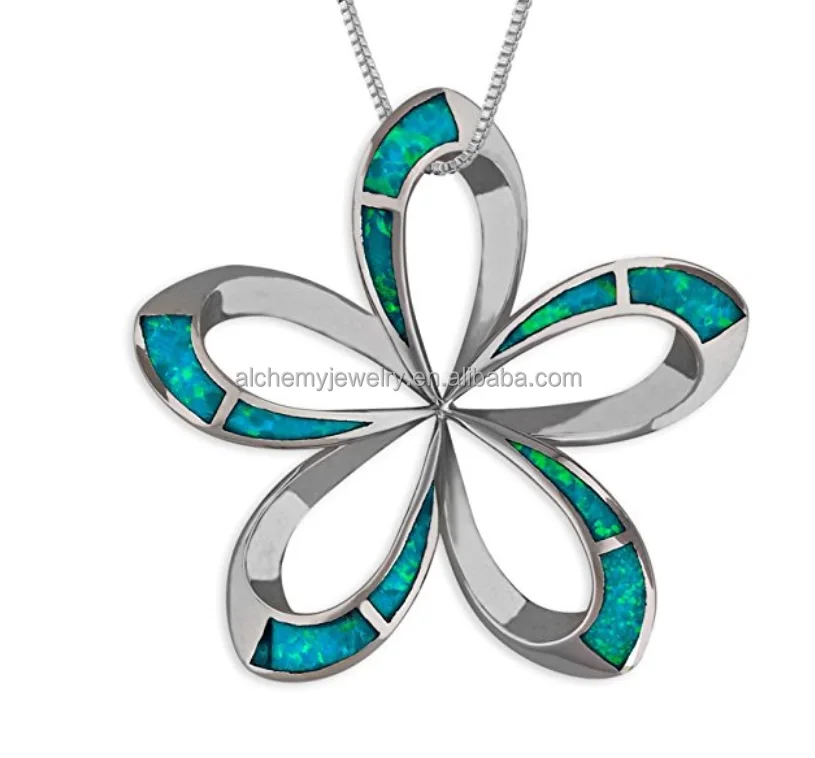 

925 Sterling Silver Polished Blue Created-Opal Inlay Flower Charm Pendant