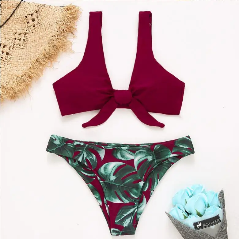 

Cheap High Quality Girl Sexy Swimwear Wine Red Knotted Women Swimsuit Leaves Print Bikini Set, Pink;light purple;blue;red;black